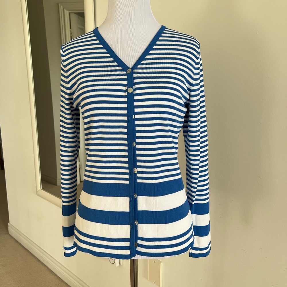 Katherine Barclay Blue and White Striped Cardigan size small